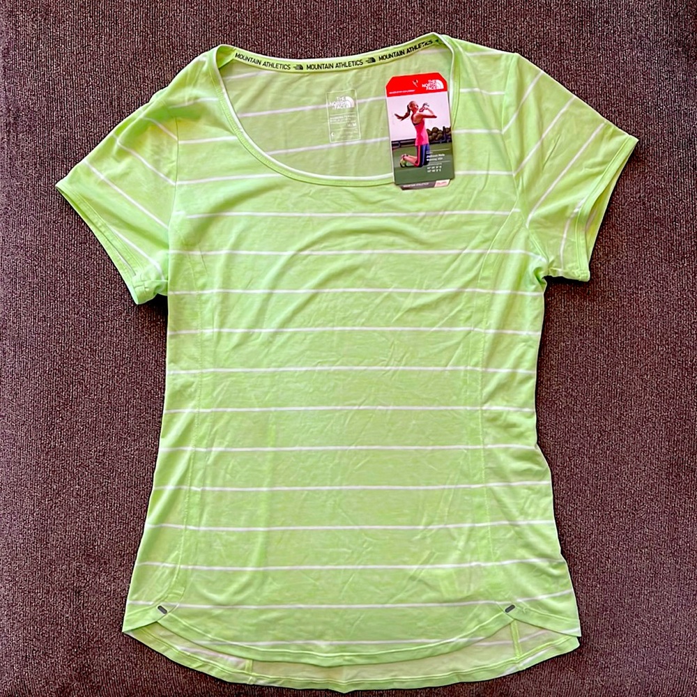 NWT The North Face Womens Athletic Tee Size MD Lime Green with White Stripes